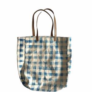 Utility Shoulder Tote Bag Blue & Ivory White Gingham Check Plaid Fabric Canvas